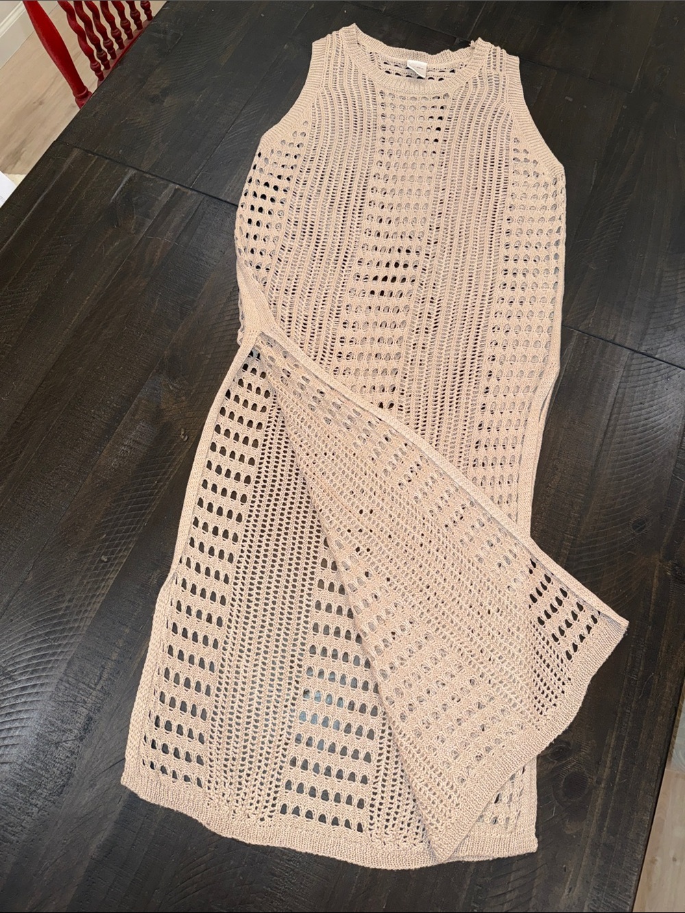 Beige Open-Knit Crochet Maxi Swim Cover-Up Dress Size L